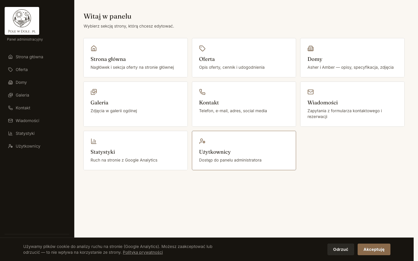 Panel administracyjny — przegląd sekcji do edycji.